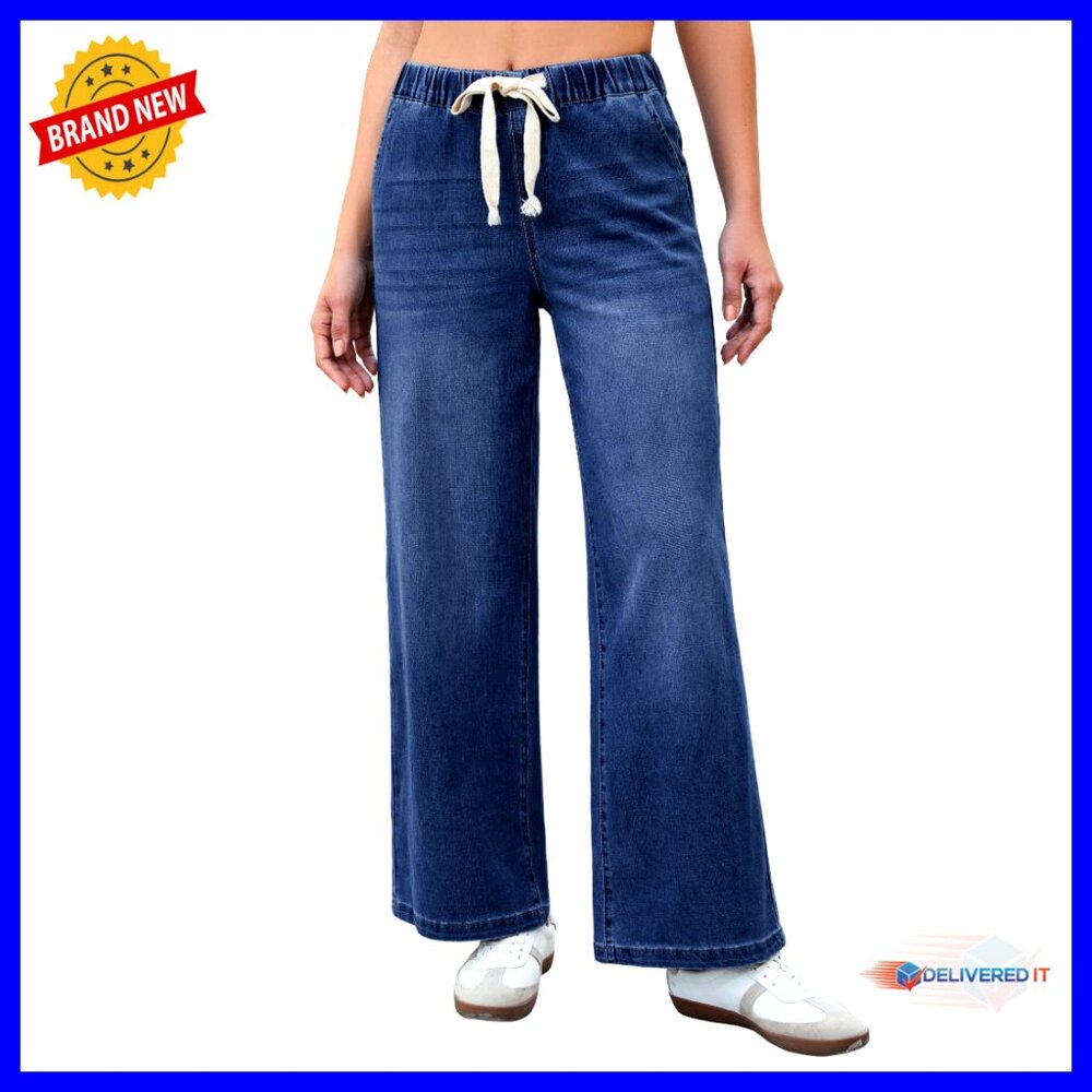 High Waisted Wide Leg Stretch Jeans Elastic Drawstring 30" Inseam